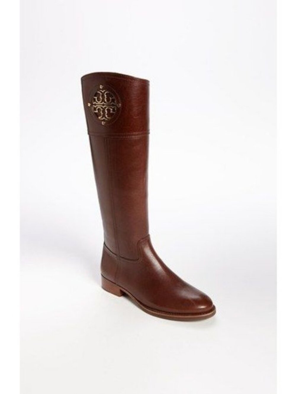 Tory Burch Kiernan Brown Leather Riding Gold Logo Boot  Womens 5.5M Equestrian